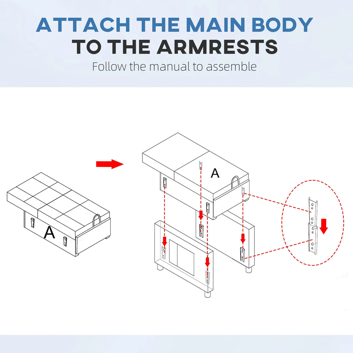 Black chair bed assembly diagram showing armrests attaching to the base