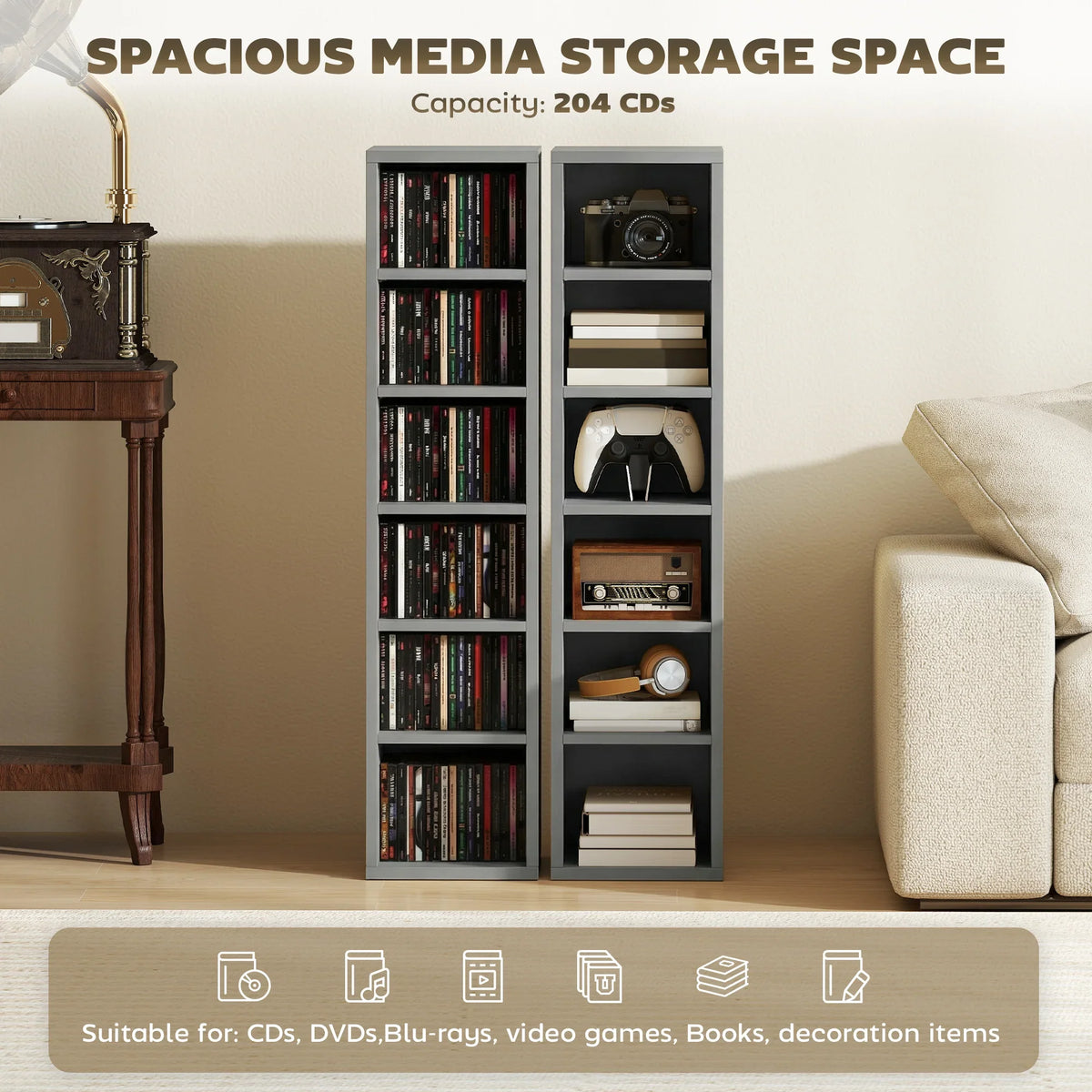 Light grey set of 2 CD media display shelves with open compartments for CDs