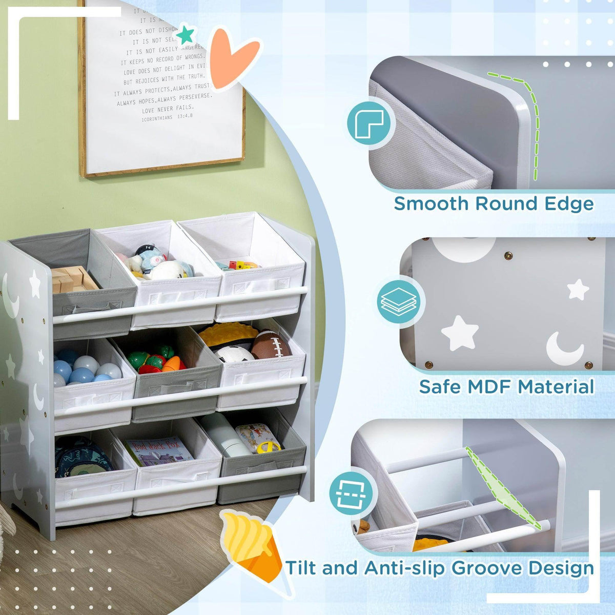 Gray MDF storage unit with star and moon pattern and 3-tier removable bins
