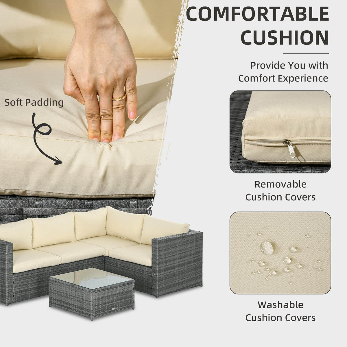 Beige patio sofa cushions with removable, washable covers on dark gray rattan frames