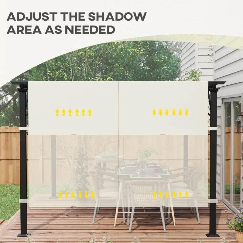 Cream-white pergola canopy roof cover adjusted for shade over patio