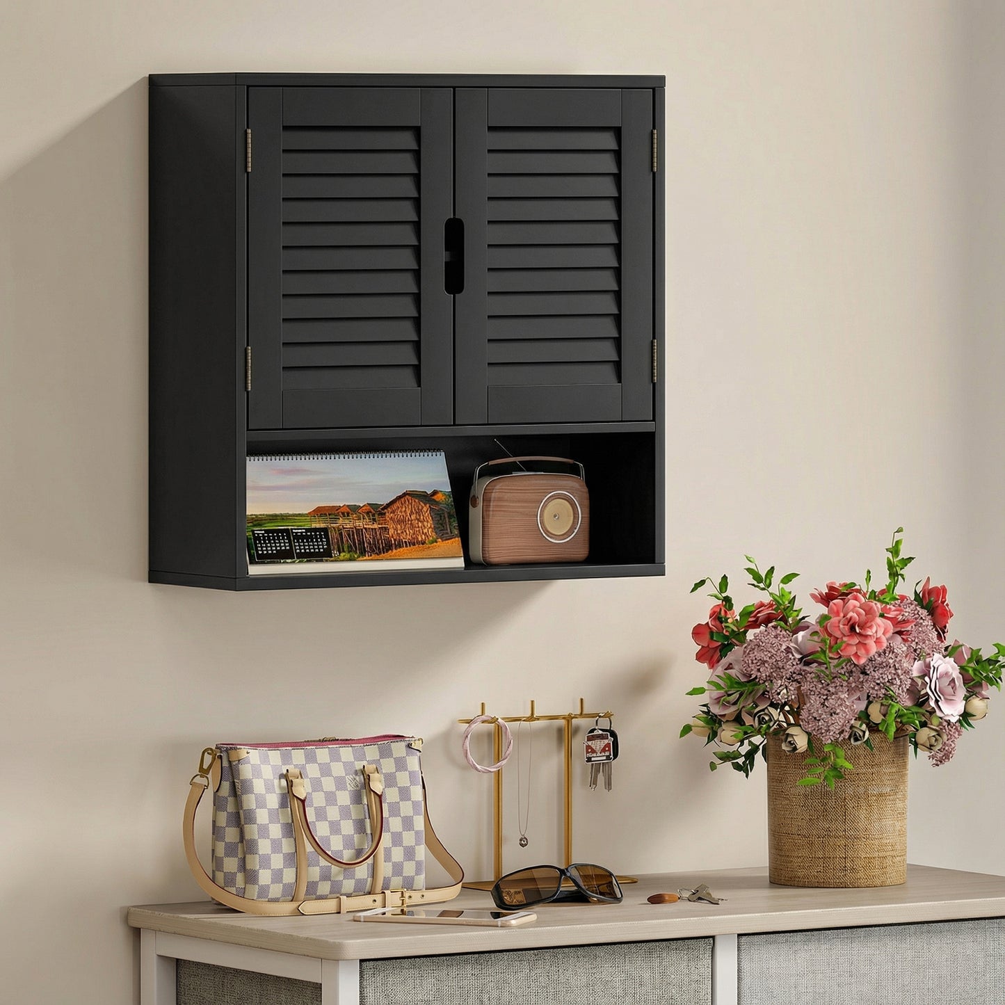 HOMCOM Wall Mounted Bathroom Cabinet With Adjustable Shelves Black 60 X 20 X 60 Cm