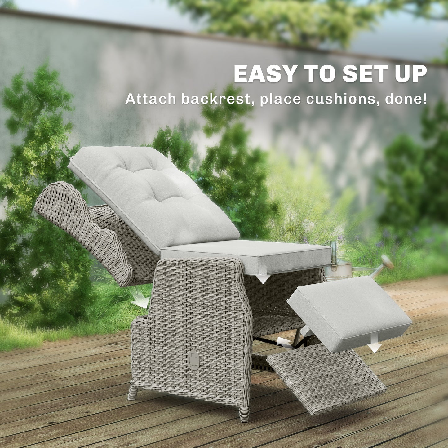 Outsunny Rattan Garden Recliner Chair With Adjustable Back and Footrest Flip Table Cushion Light Grey