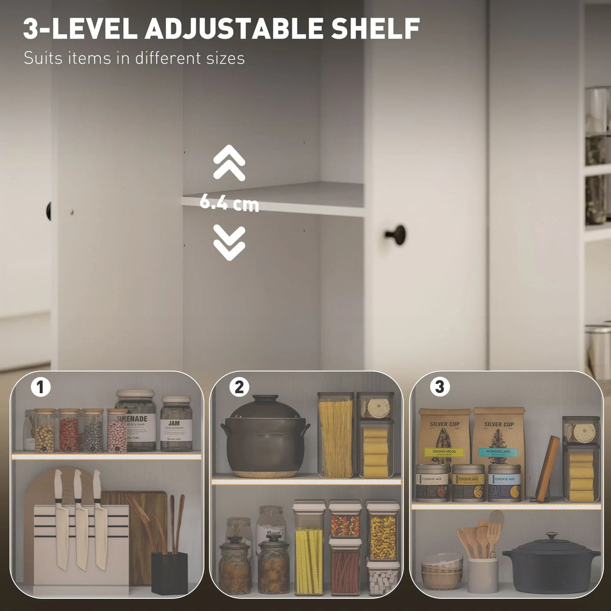 White adjustable interior shelves inside kitchen island cabinet with three height levels