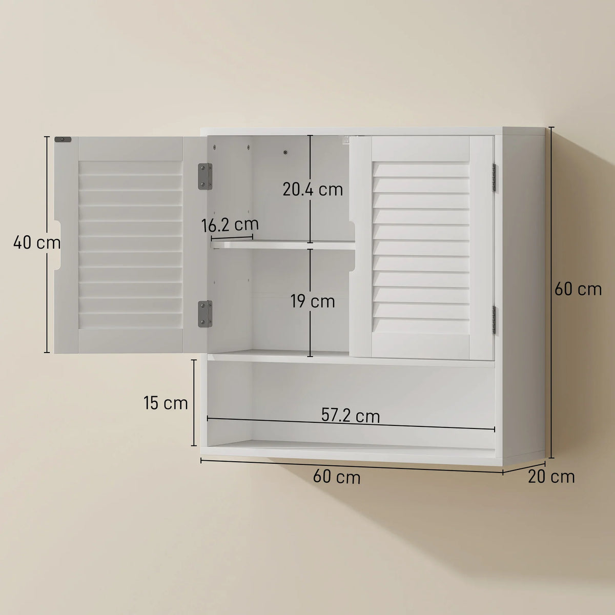 White wall cabinet with louvered doors, open interior and adjustable shelf dimensions