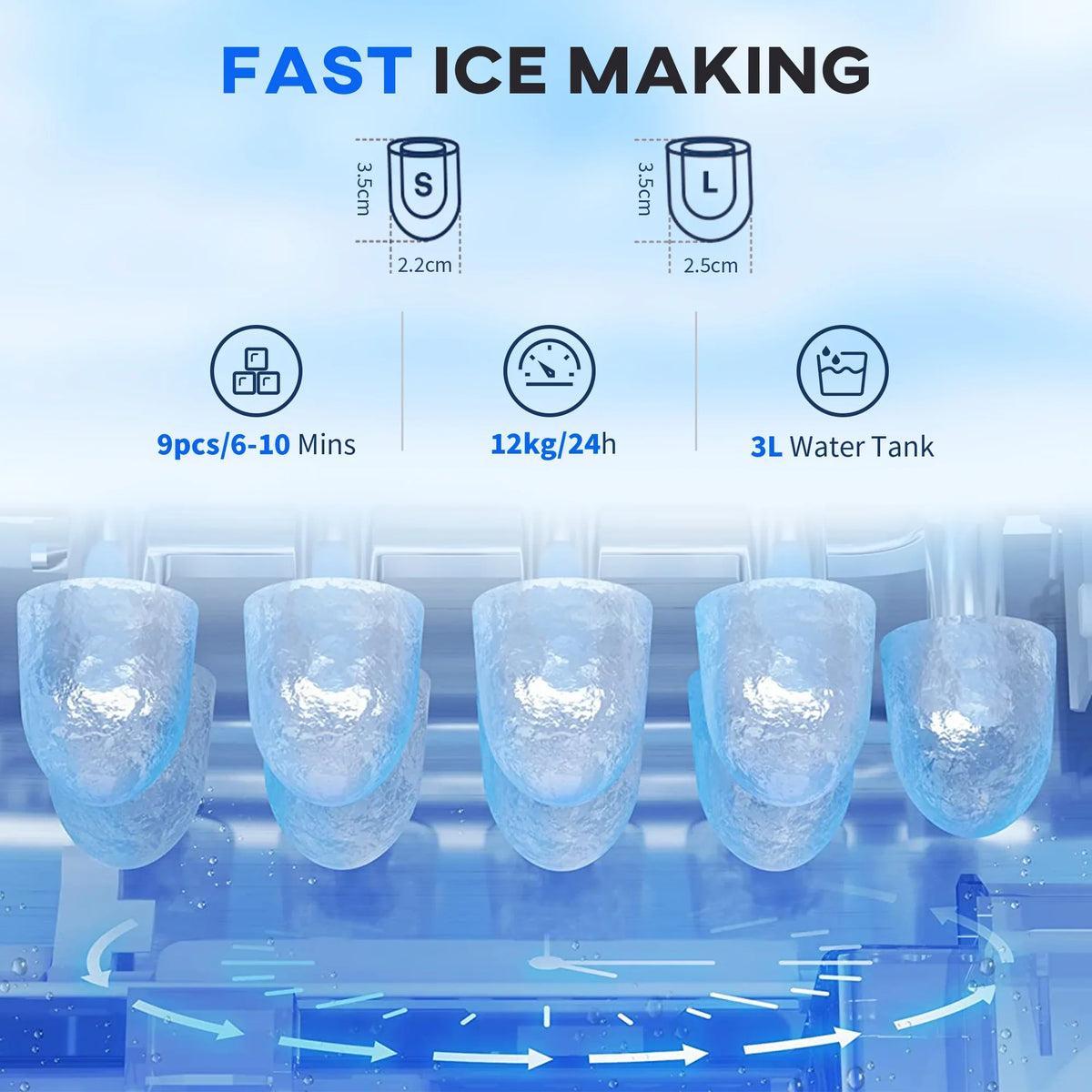 Red ice maker with clear ice scoop area and blue fast-ice graphic overlay
