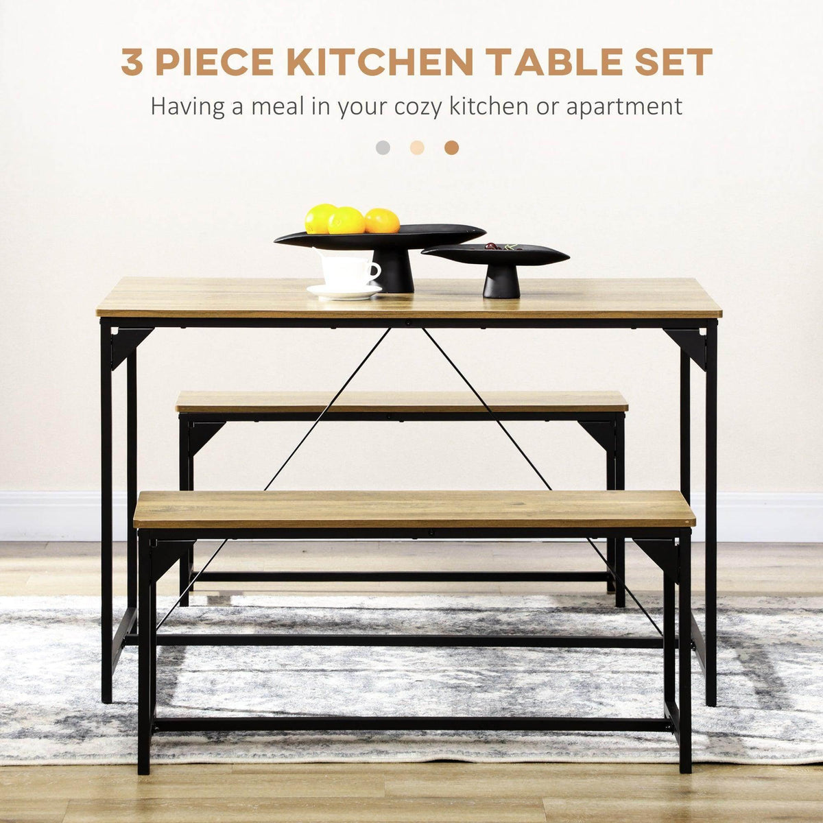 Dining table with two benches, wood-look tabletop and black metal frames