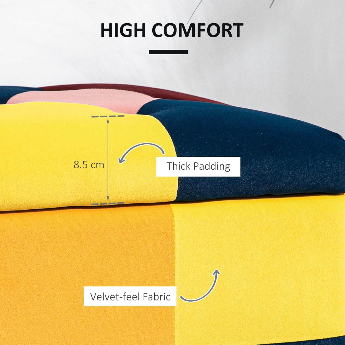 Patchwork velvet ottoman close-up showing thick cushioned padding and soft texture