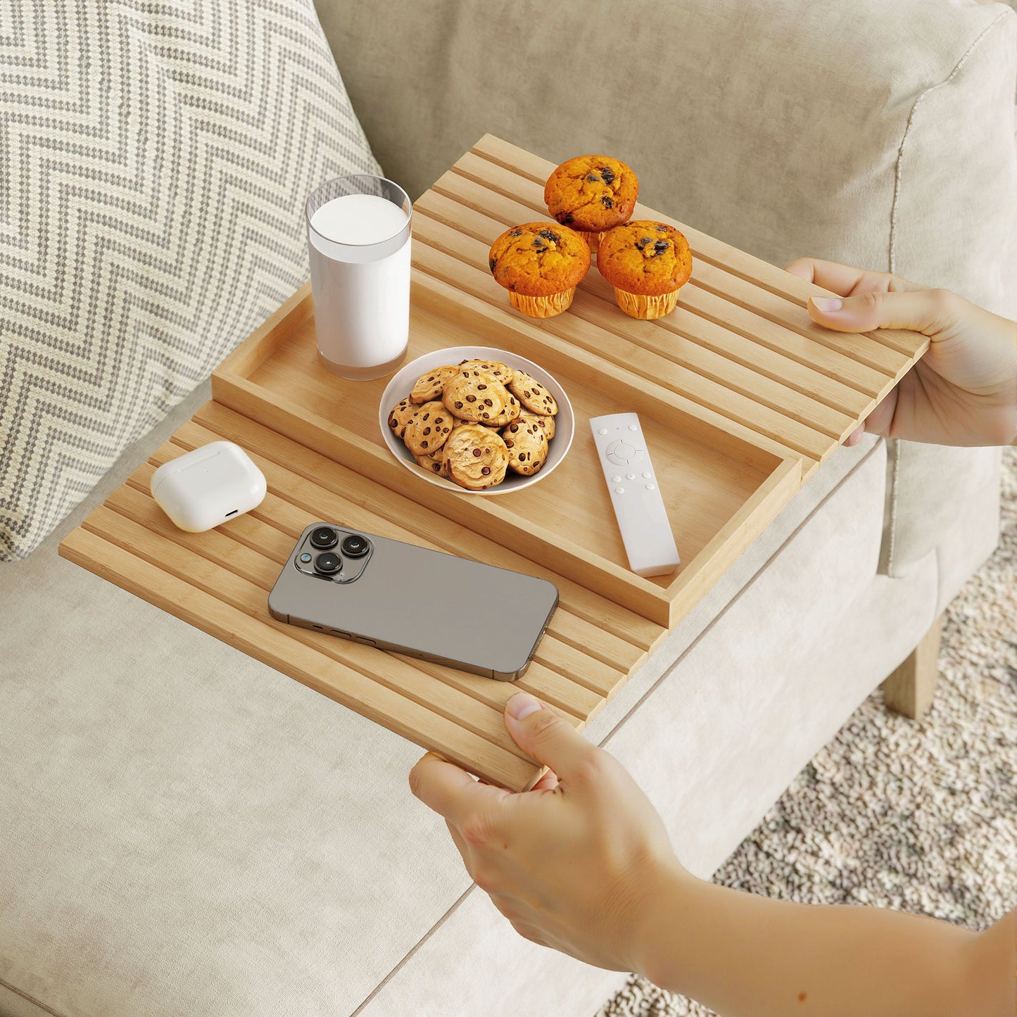 HOMCOM Bamboo Sofa Arm Tray Foldable Anti Slip Armrest Tray For Drinks And Snacks Natural Wood Finish