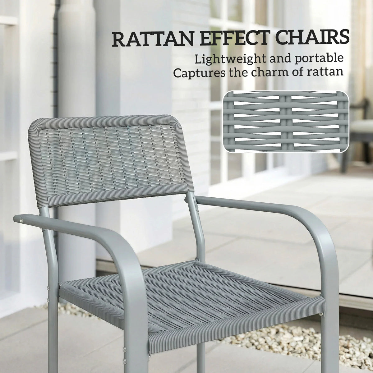 Light grey rattan-effect outdoor chair with woven back and seat, armrests.