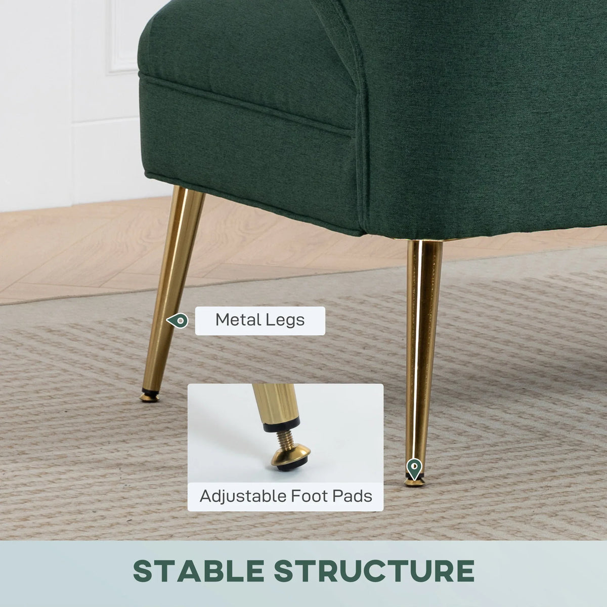 Dark green sofa corner view showing metal legs and adjustable foot pads