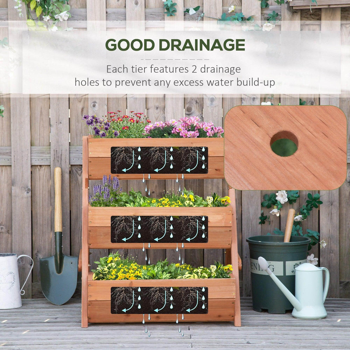 Brown three-tier raised garden bed with drainage holes and slatted wooden construction