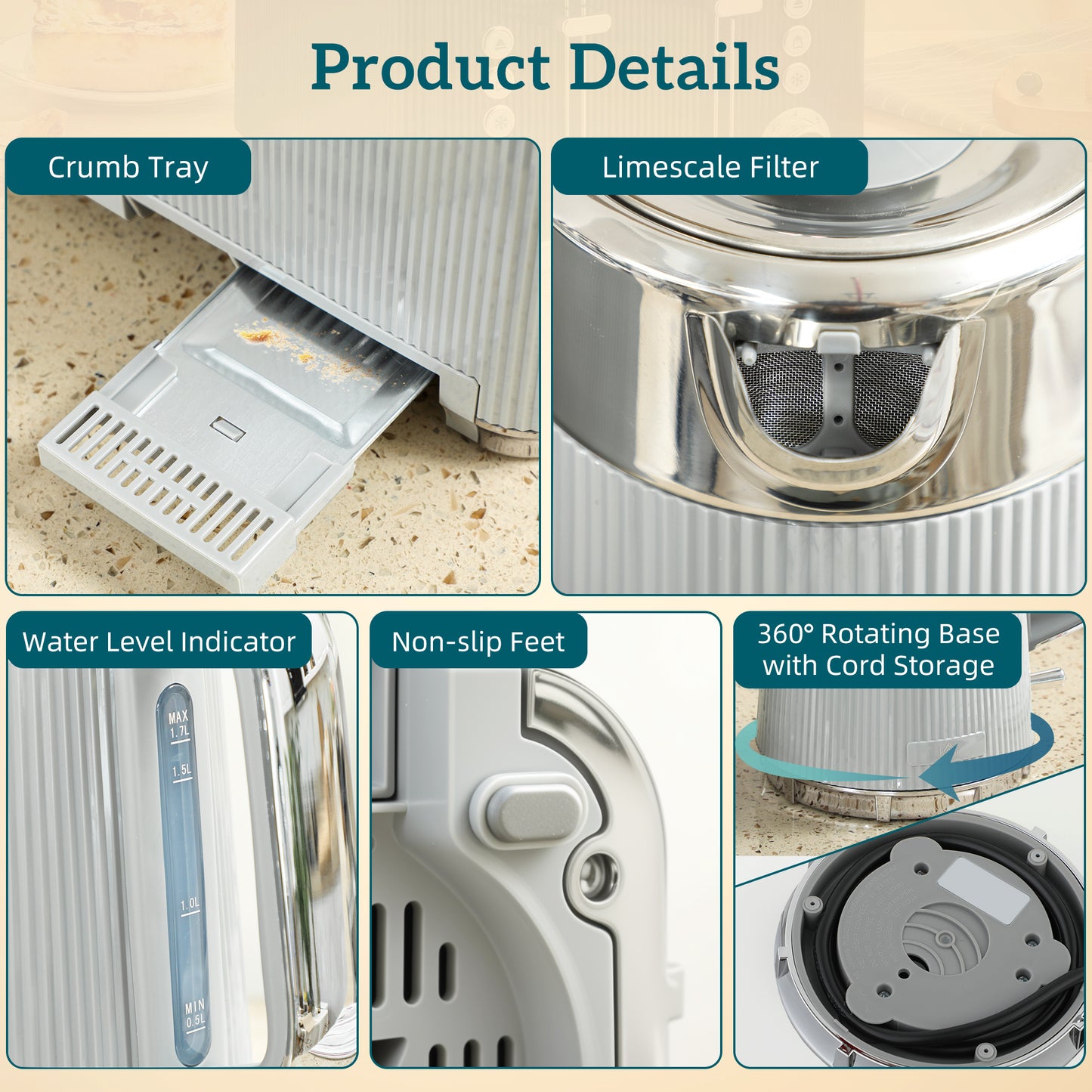 HOMCOM Kettle And Toaster Set 3000W 1.7L With UK Strix Thermostat 4 Slice Toaster 7 Browning Levels Taupe