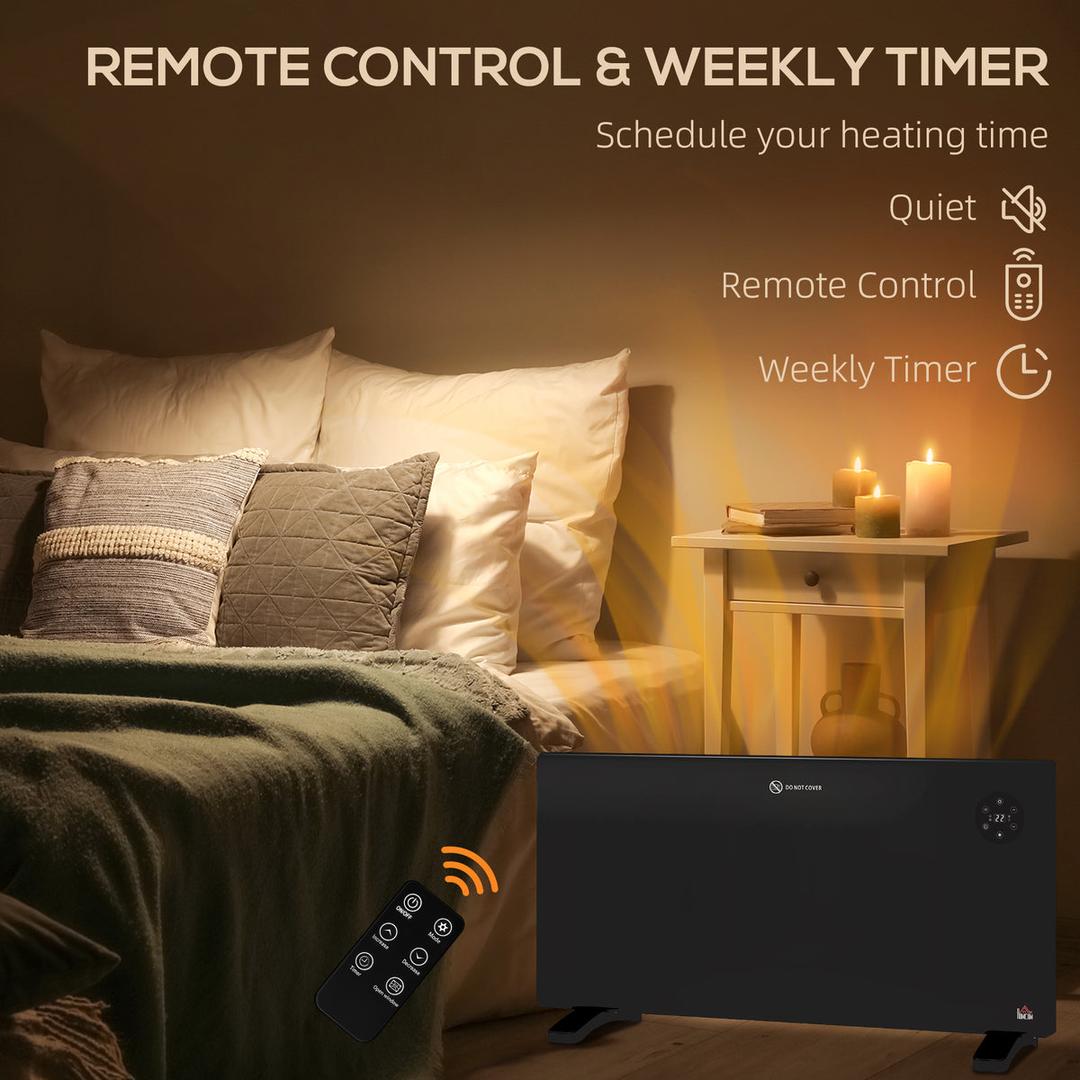 Black electric convector heater with remote control and front temperature display
