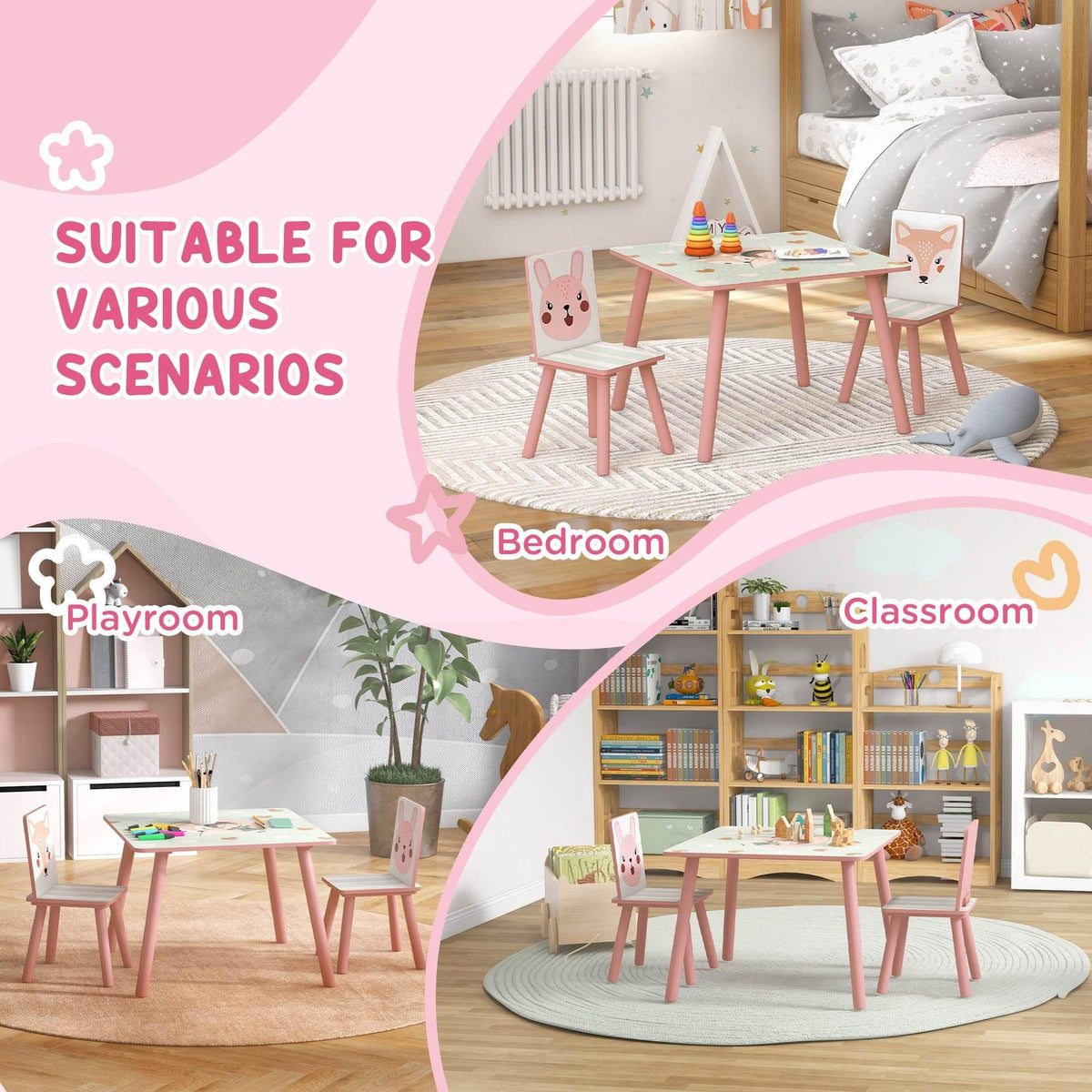Kids pink table and chairs styled for playroom, bedroom, and classroom scenarios