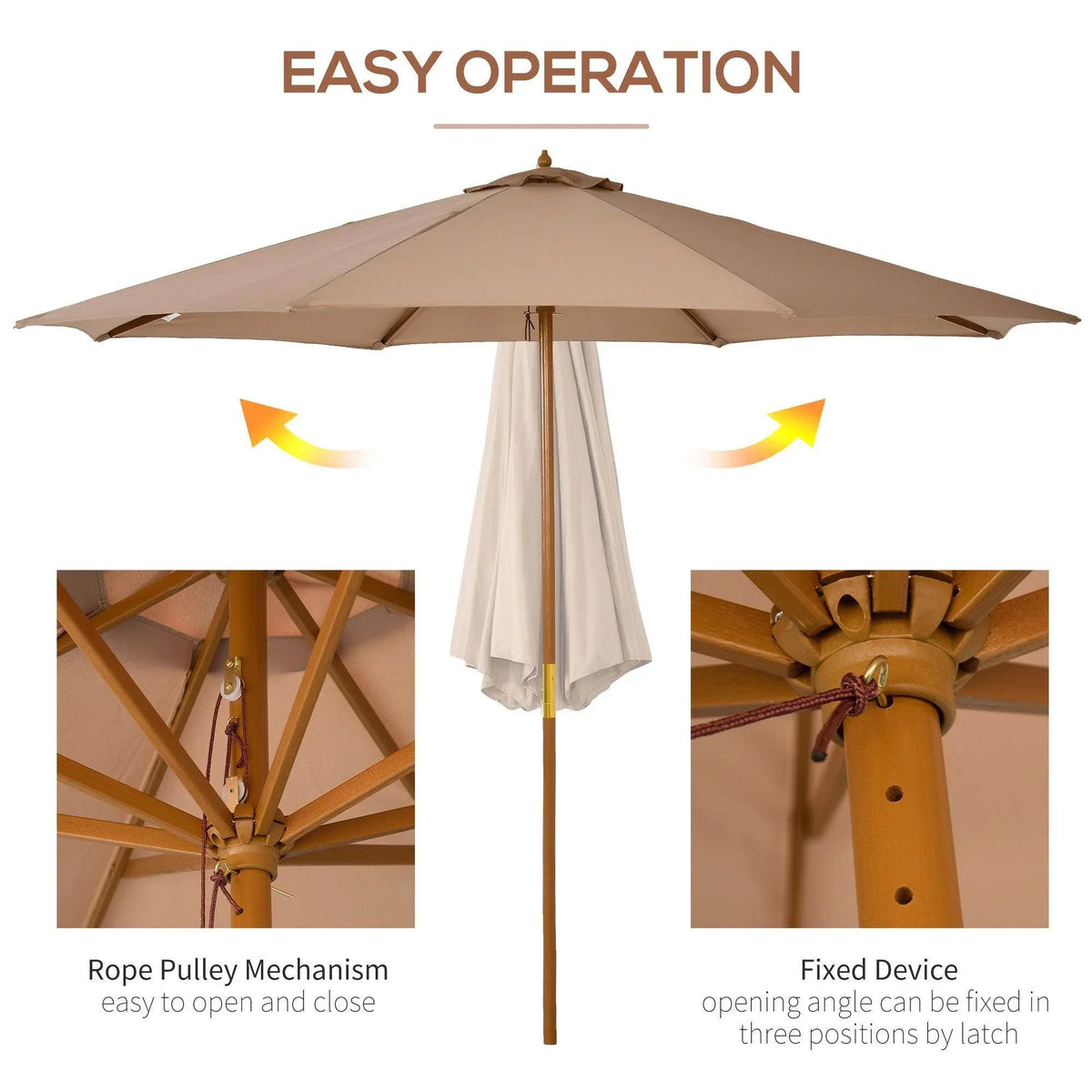 Khaki patio umbrella with rope pulley opening mechanism and adjustable canopy