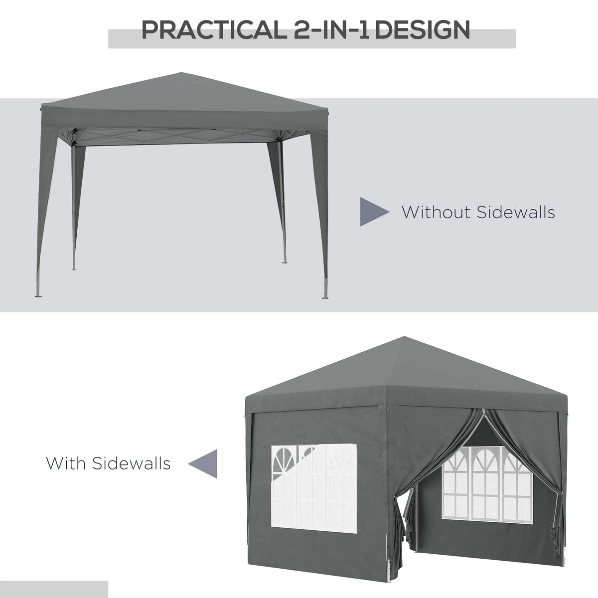 Grey pop-up canopy tent showing optional sidewalls and open entry, 2-in-1 style