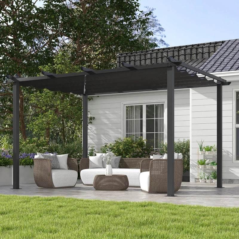 Dark grey aluminum pergola with retractable roof over outdoor seating