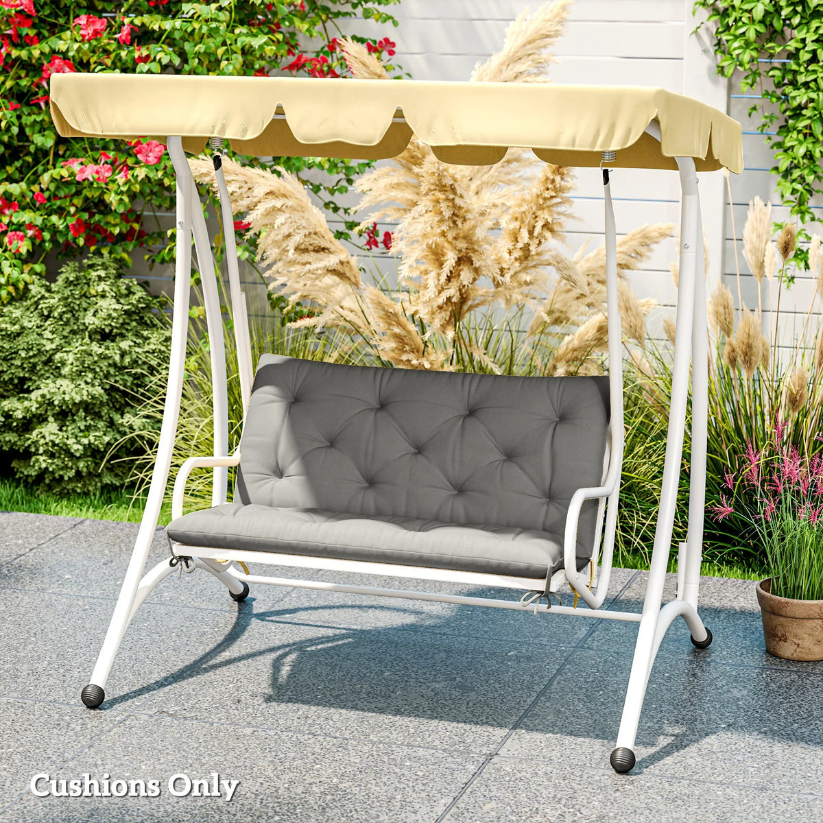 Light gray tufted bench cushion with backrest, diamond quilting detail