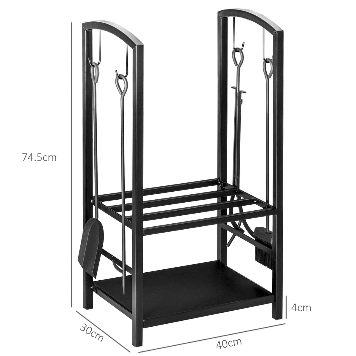 Black steel firewood log rack with two side panels, bottom shelf, and hanging hooks