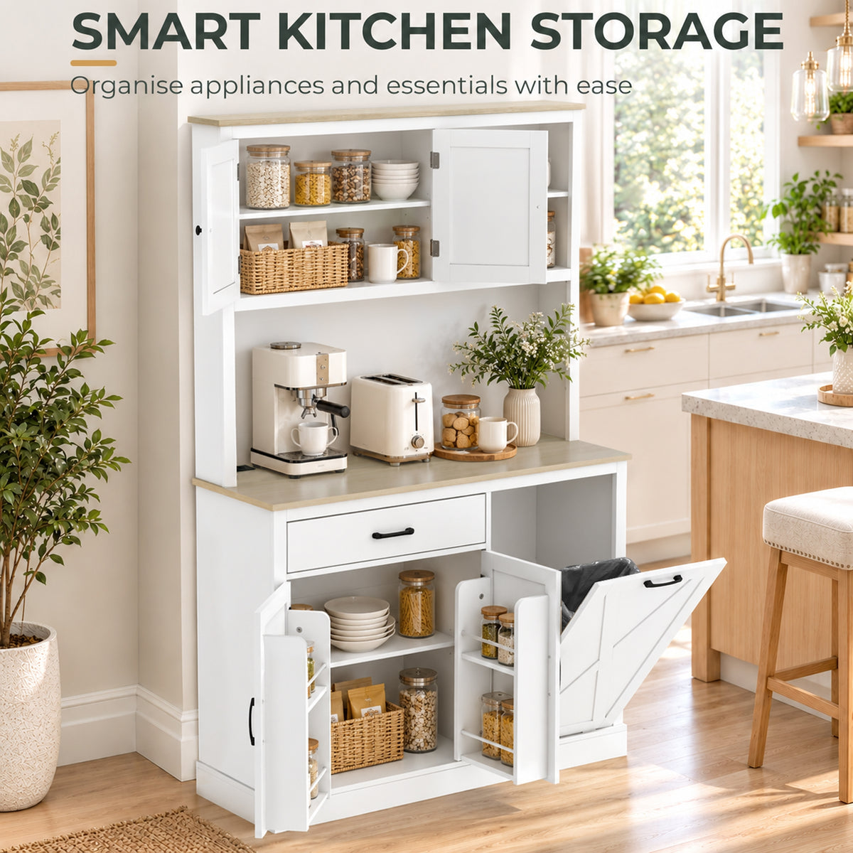 White storage cabinet with open shelves and two doors for appliances, jars, and bowls