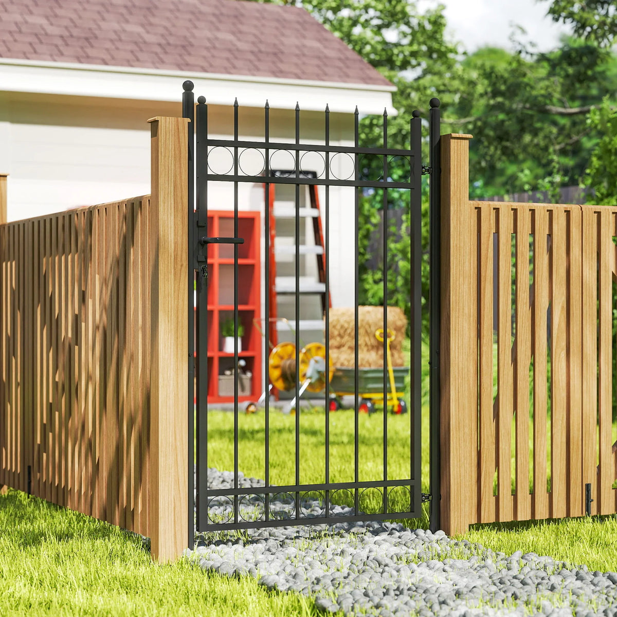 Black steel garden gate open, with vertical bars and arched decorative rail