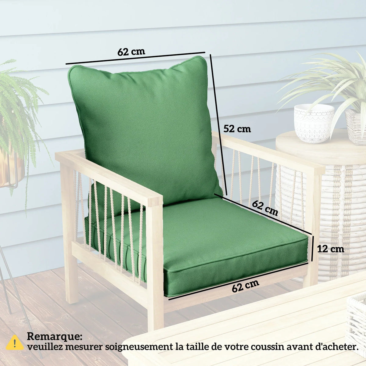 Green back and seat cushions with stitched seams for patio chair support