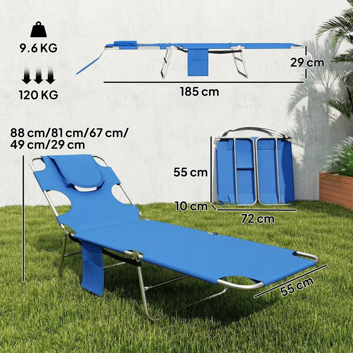 Blue adjustable sun lounger with side pocket, reading hole, and steel frame