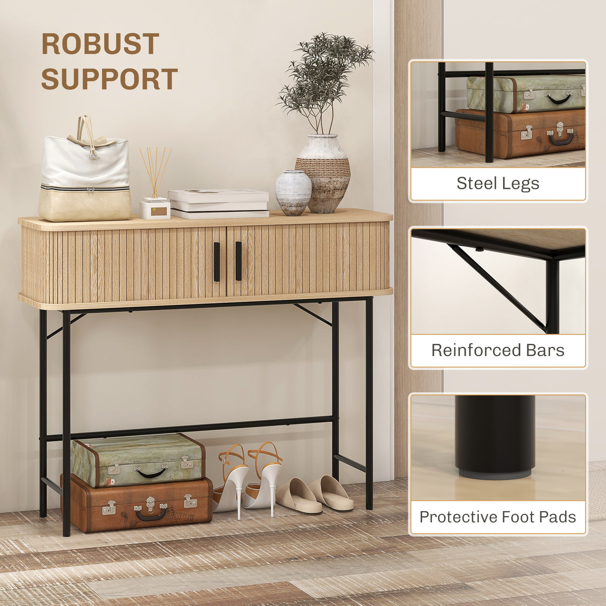 Light wood console table with sliding doors on black steel legs with reinforced frame