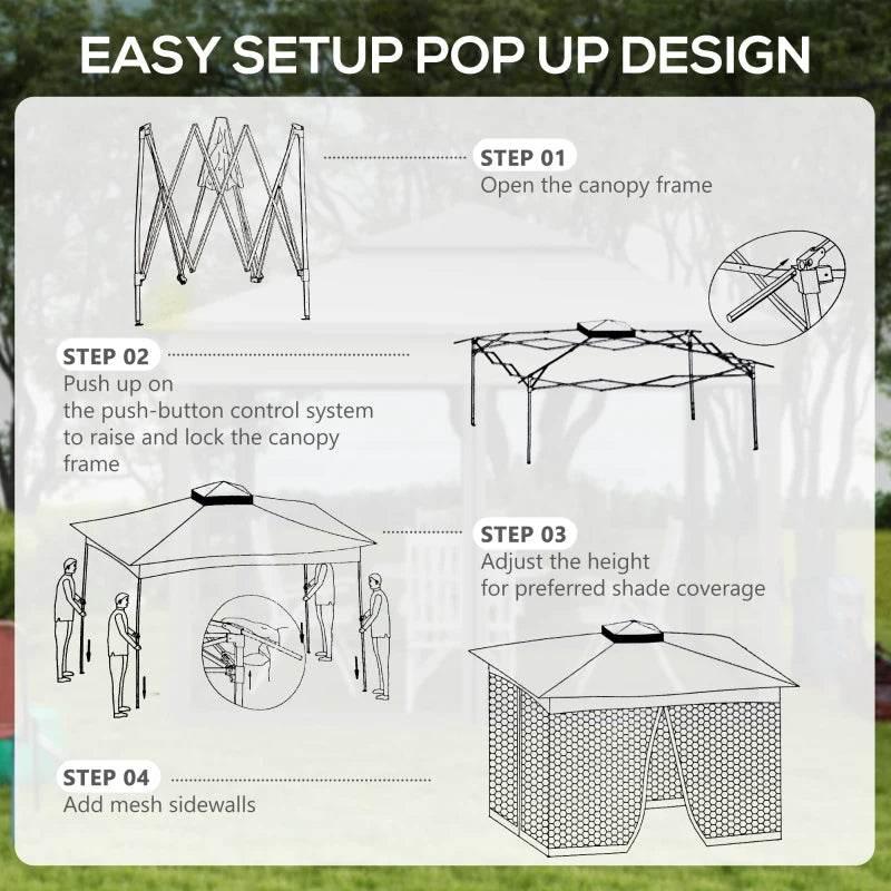 Pop-up gazebo setup instruction graphic showing frame opening and adding mesh sidewalls.