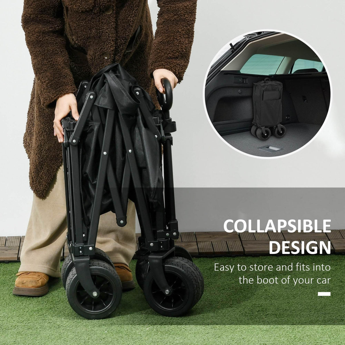 Black folding garden wagon cart with pull handle, expanded base, and four wheels