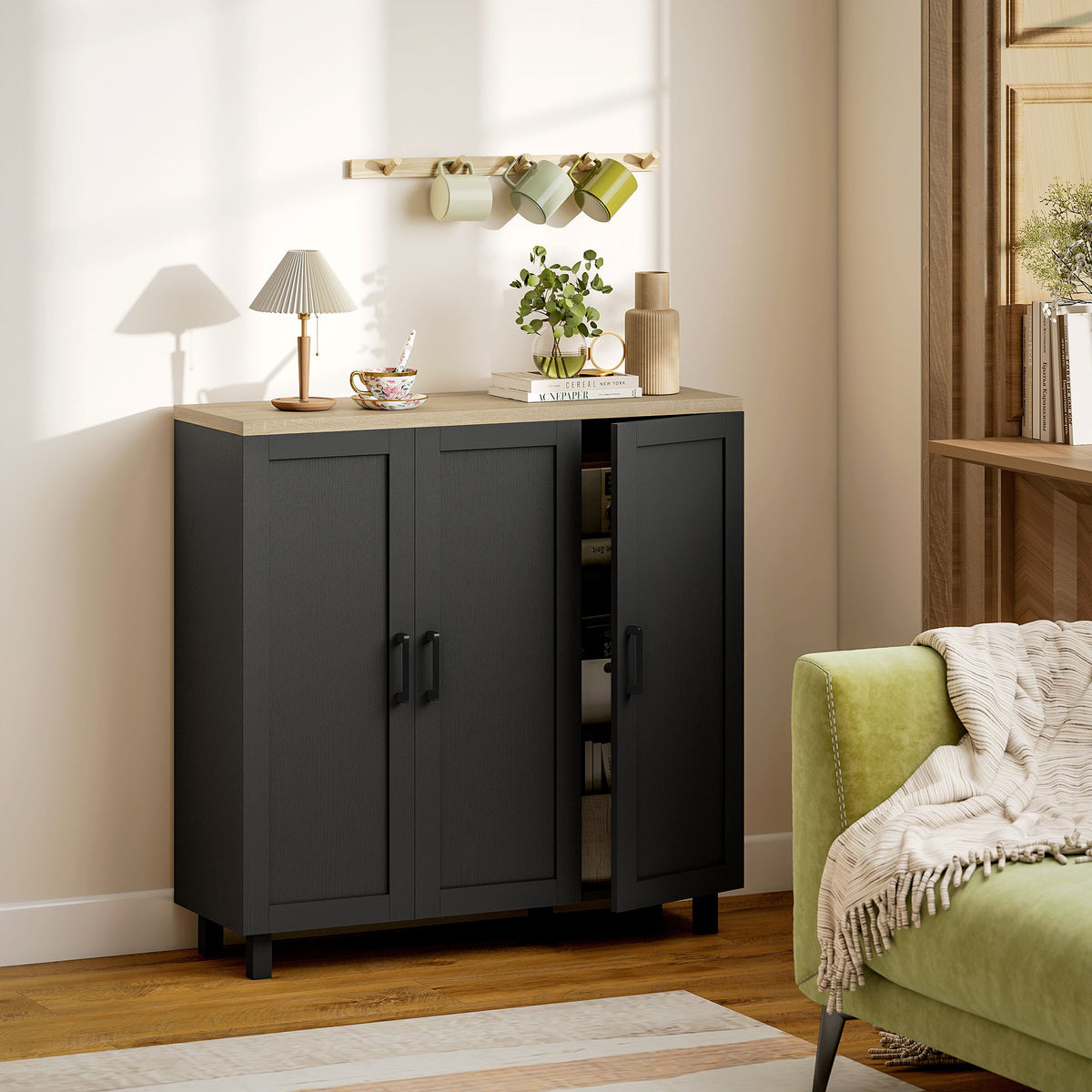 HOMCOM Sideboard Buffet Cabinet With 3 Doors And Adjustable Shelves Black