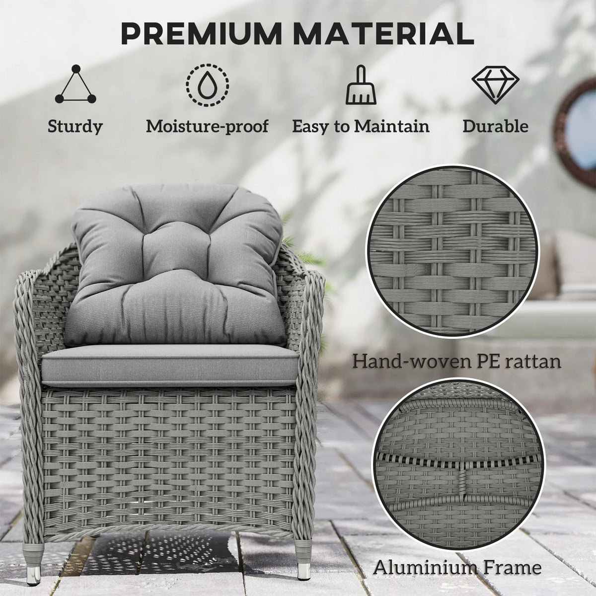 Grey rattan armchair with tufted cushion, hand-woven texture, aluminium frame
