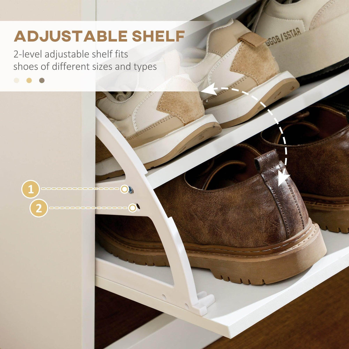 Open white shoe cabinet showing adjustable shelf levels for sneakers and boots