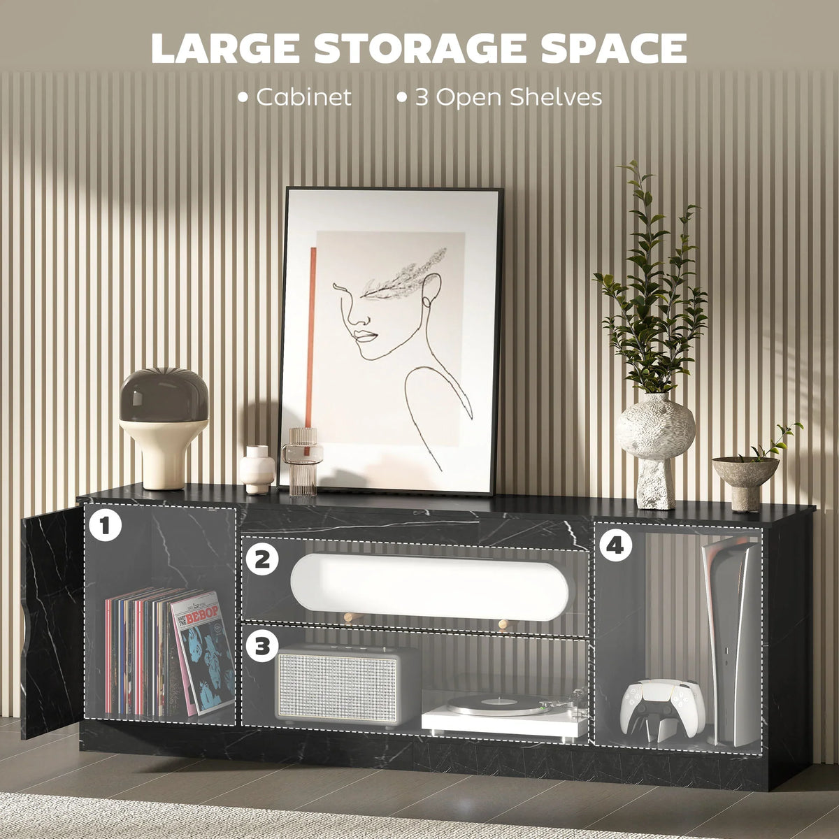 Black marble-effect TV stand cabinet with cabinet storage and open shelves