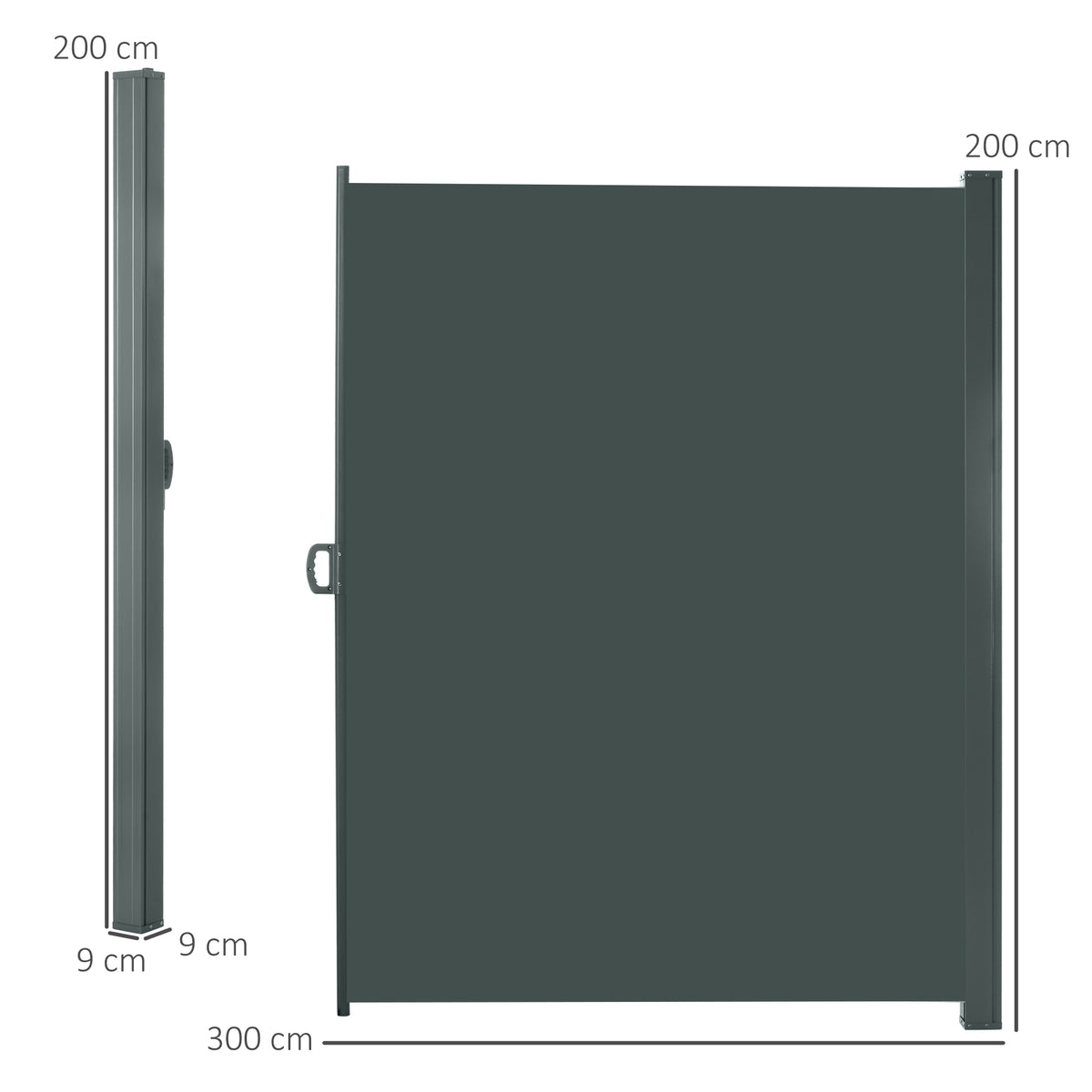 Wall-mounted dark gray retractable privacy screen panel with side posts