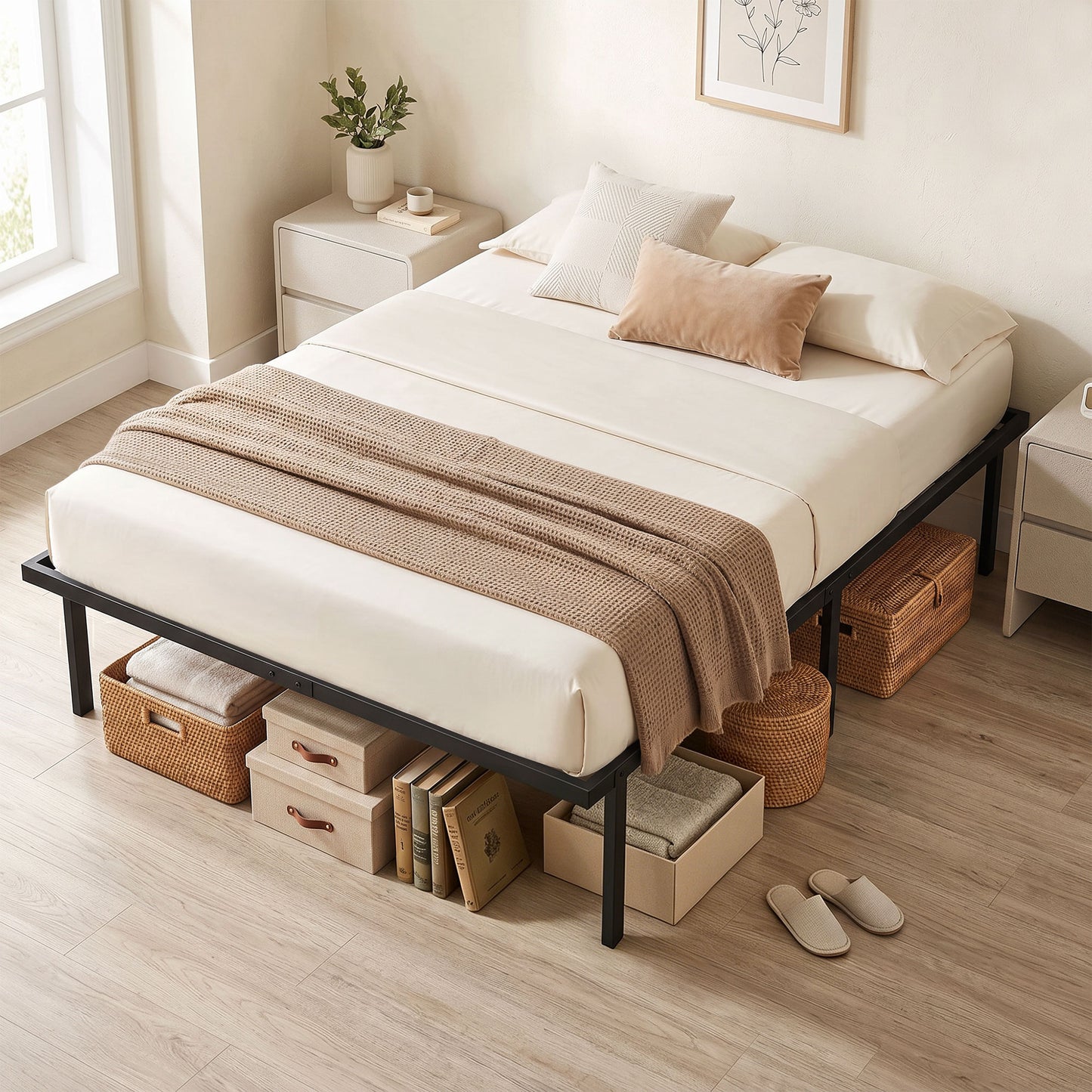 HOMCOM 4ft6 Double Bed Frame With Under Bed Storage And Steel Slat Support No Box Spring Needed