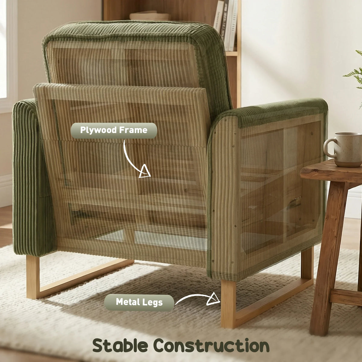 Dark green corduroy accent armchair with backrest and sturdy wooden frame legs