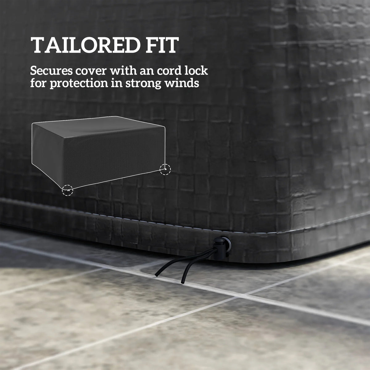 Black garden furniture cover with cord lock tie securing the base corners