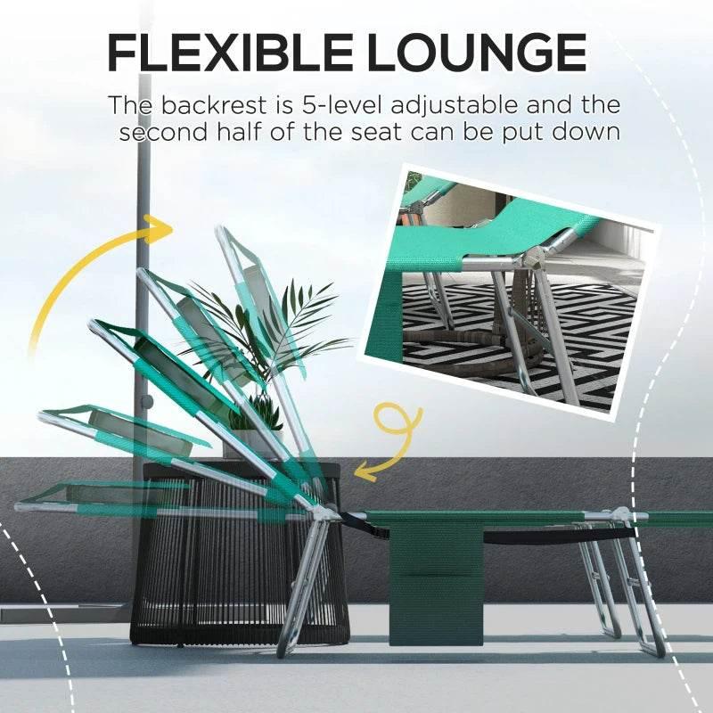 Foldable green sun lounger with adjustable 5-level backrest and fold-flat seat