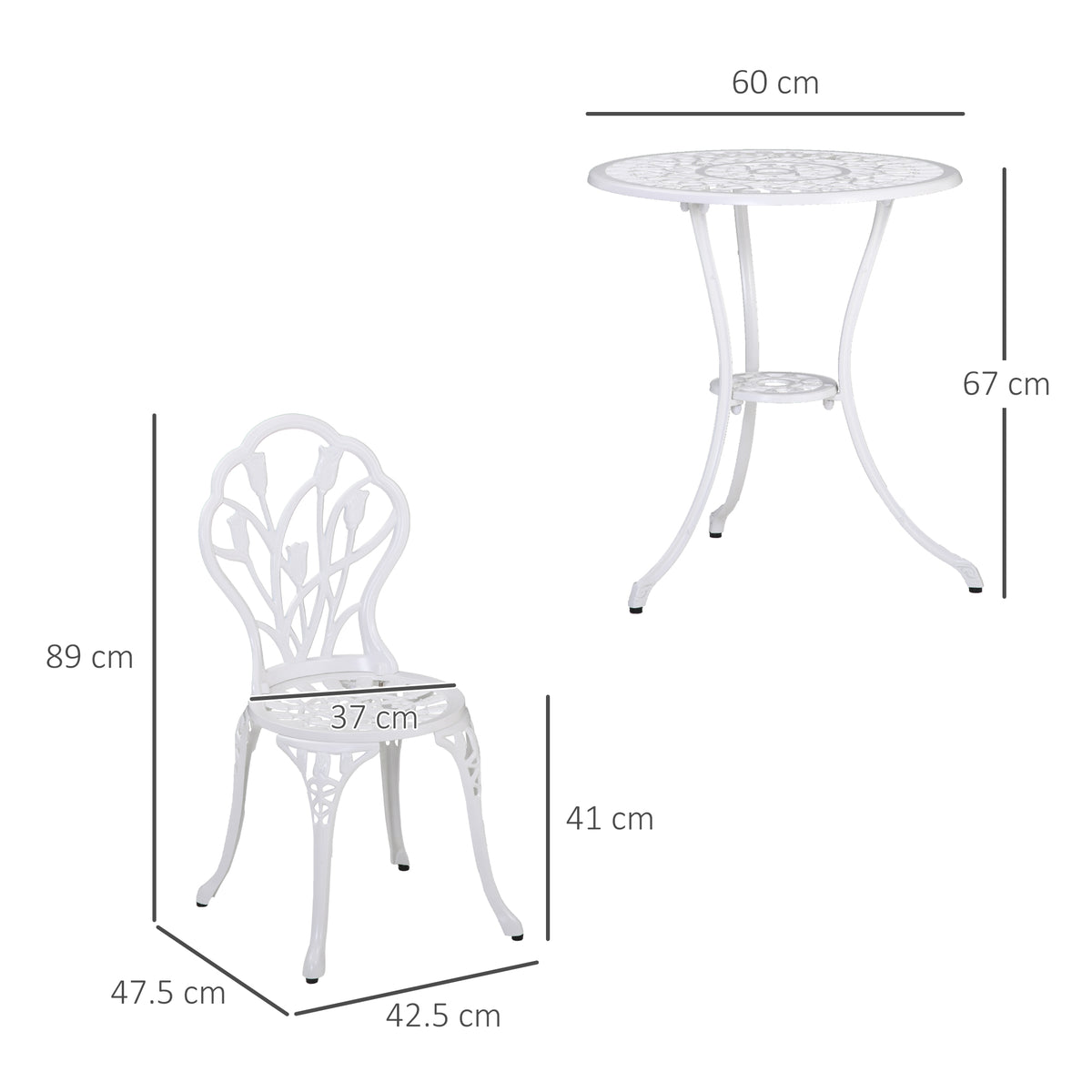 White round bistro table with umbrella hole base and 2 matching ornate side chairs