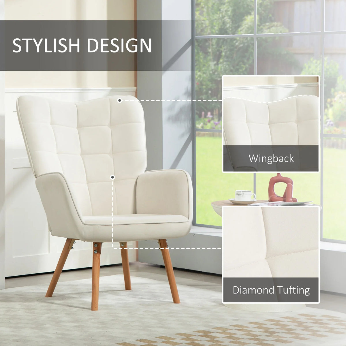Cream wingback armchair with diamond tufting, padded arms, and angled light wood legs