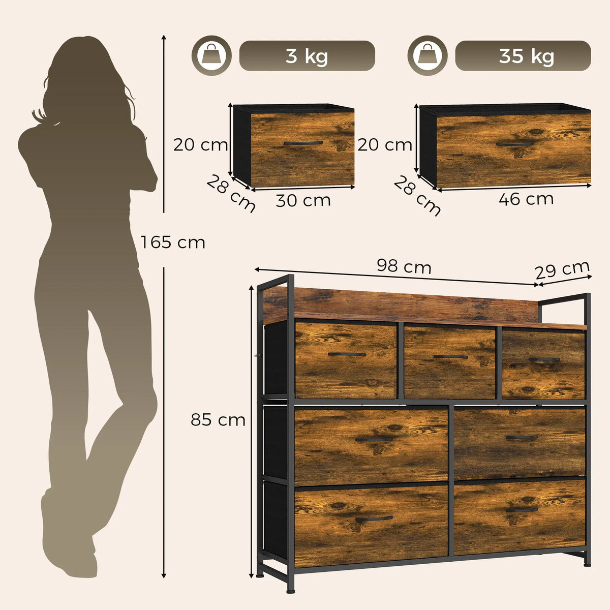 7-drawer fabric chest of drawers with rustic brown drawers and black steel frame, size diagram