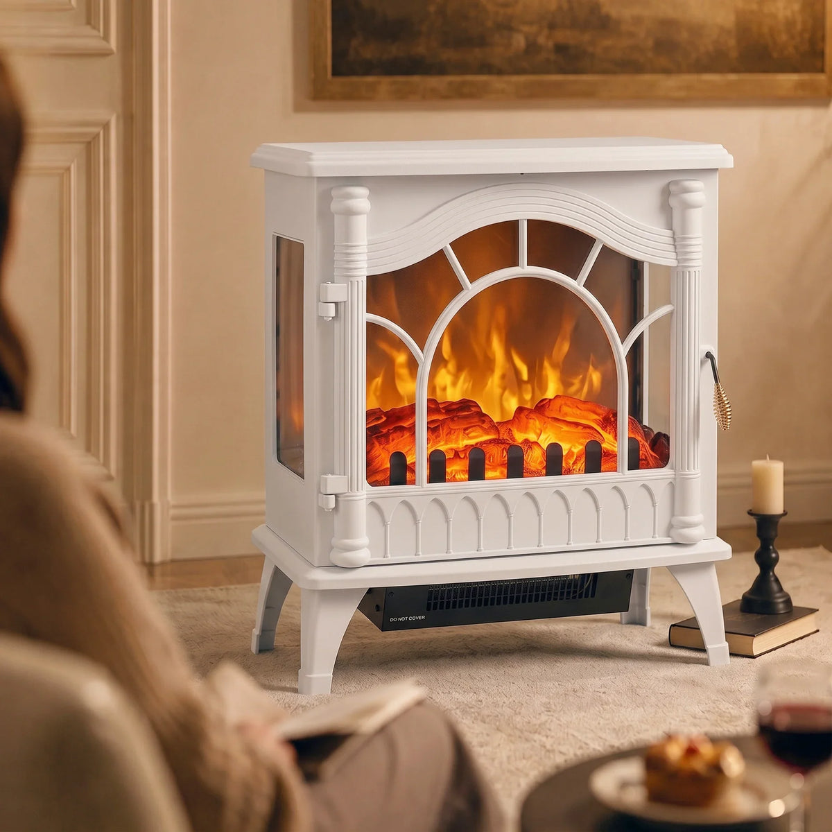 White electric fireplace fan heater front view with arched glass flame effect and base