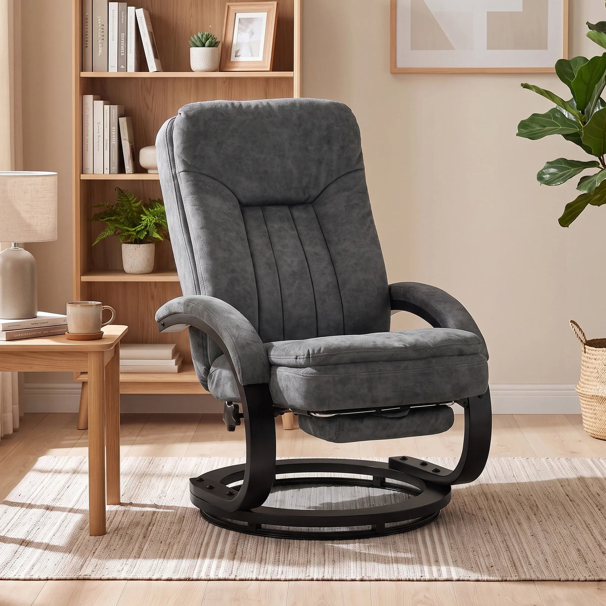 Dark gray velvet swivel recliner chair with high back and retractable footrest