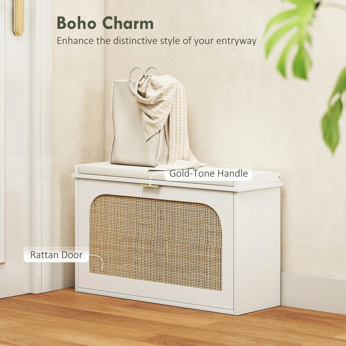 White shoe bench with padded seat and tan rattan flip door, gold-tone handle