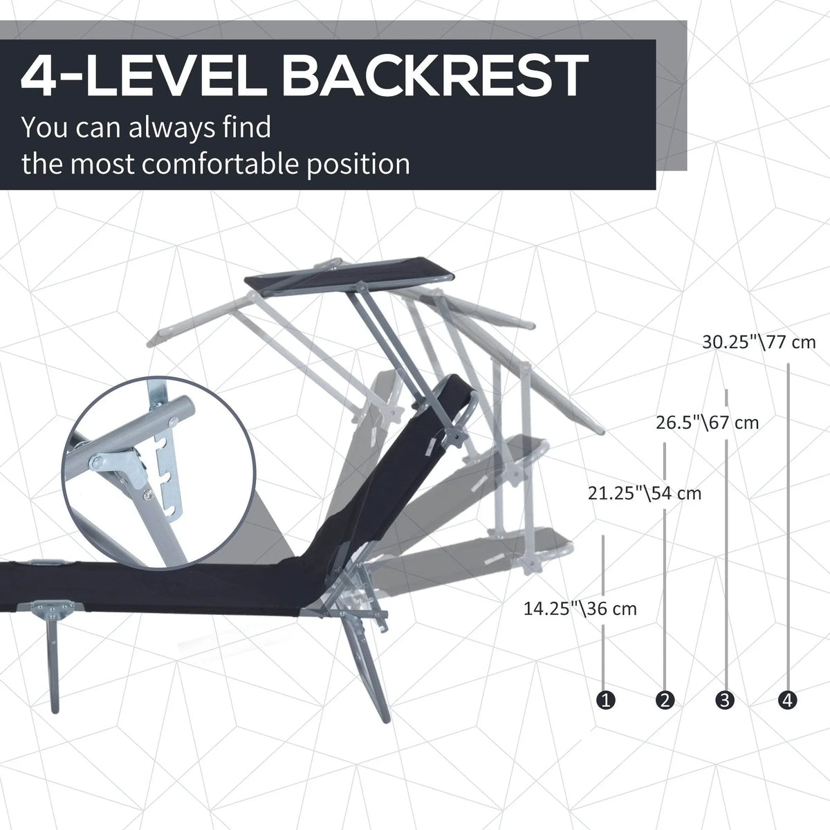 Outsunny black sun lounger with 4-level adjustable backrest, metal frame detail
