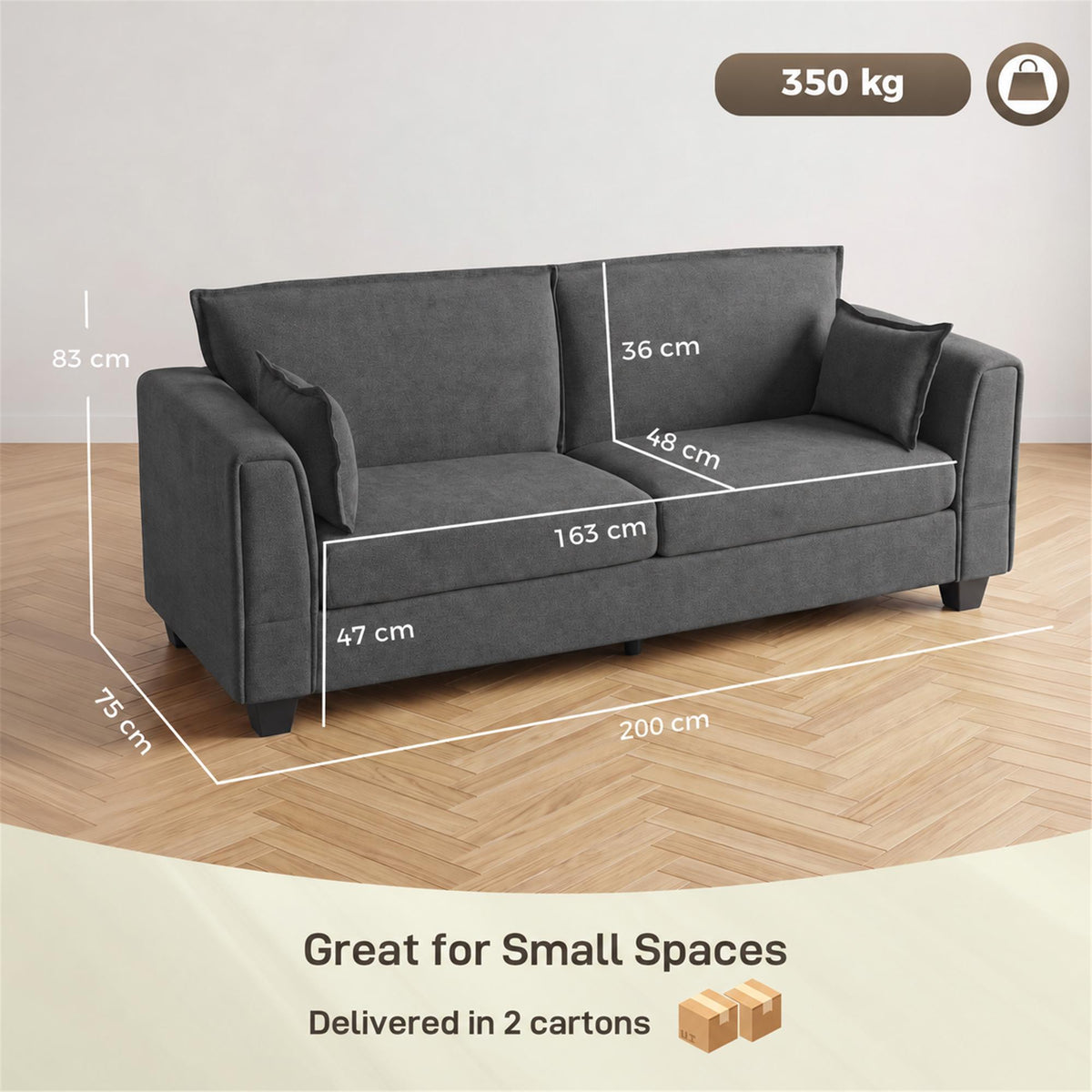 Dark grey 3-seater sofa with wide padded arms and seat, front angle with measurements.