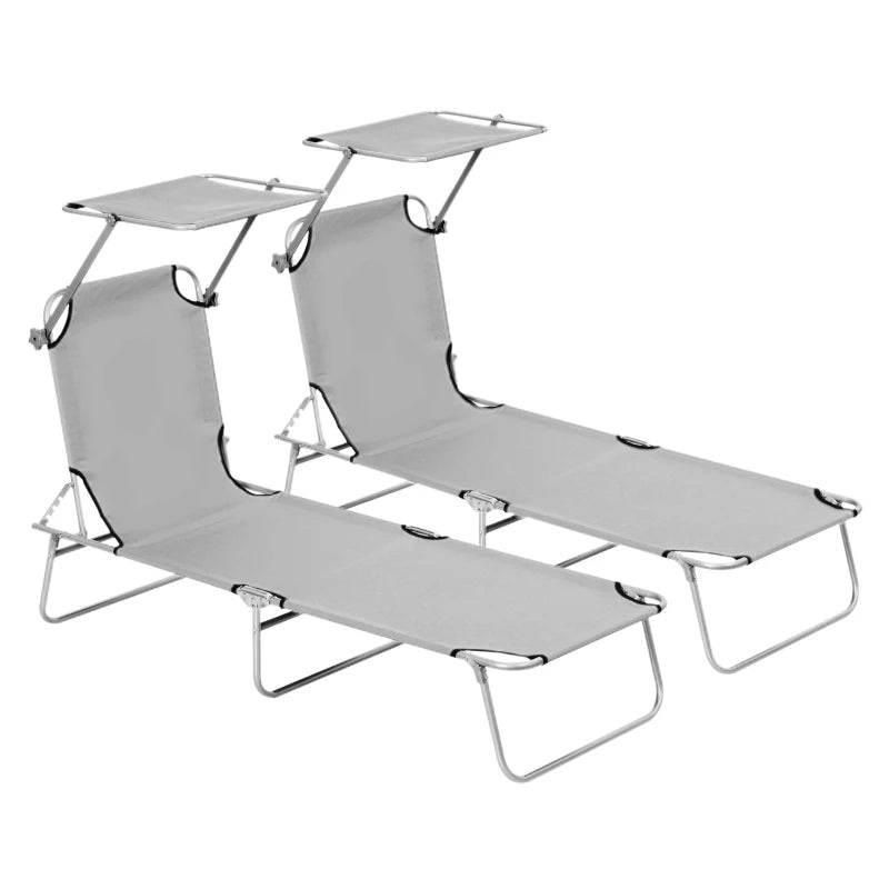 Light grey two-piece sun lounger set with adjustable reclining chairs and sun canopy