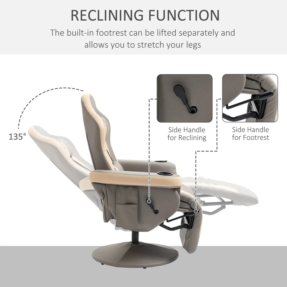 Recliner chair with adjustable headrest and side handle; footrest lifted for reclining.
